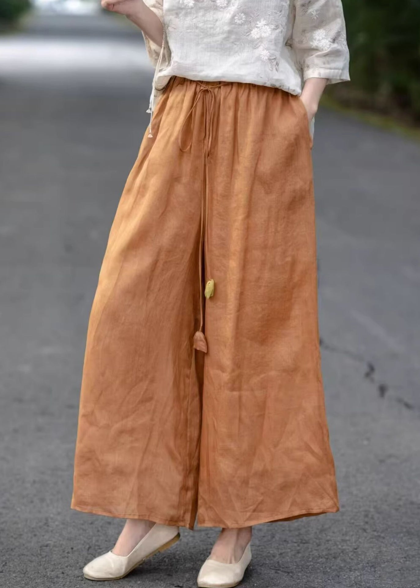 Orange Pockets Elastic Pants Waist Summer Cotton Crop Solid