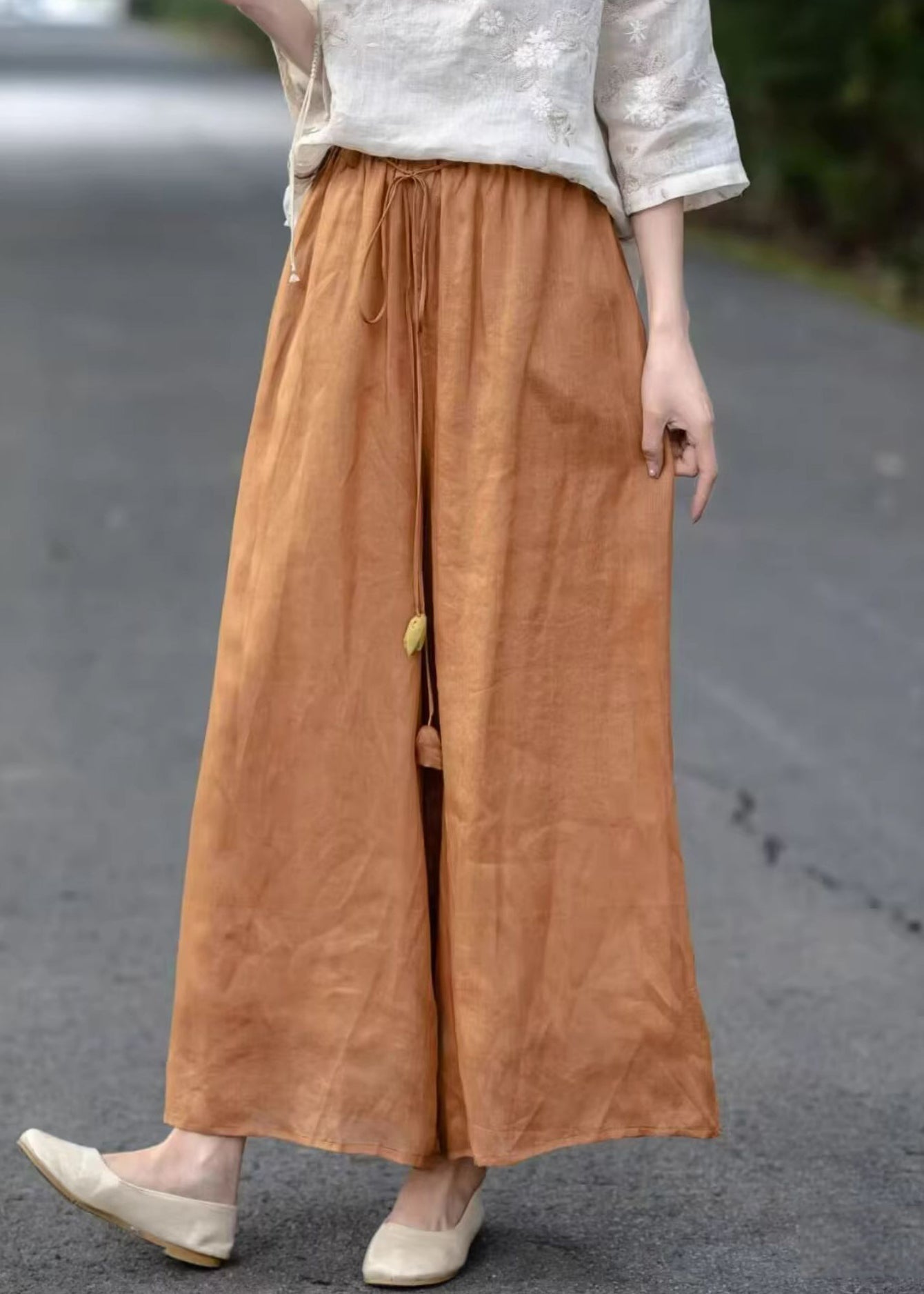 Orange Pockets Elastic Pants Waist Summer Cotton Crop Solid