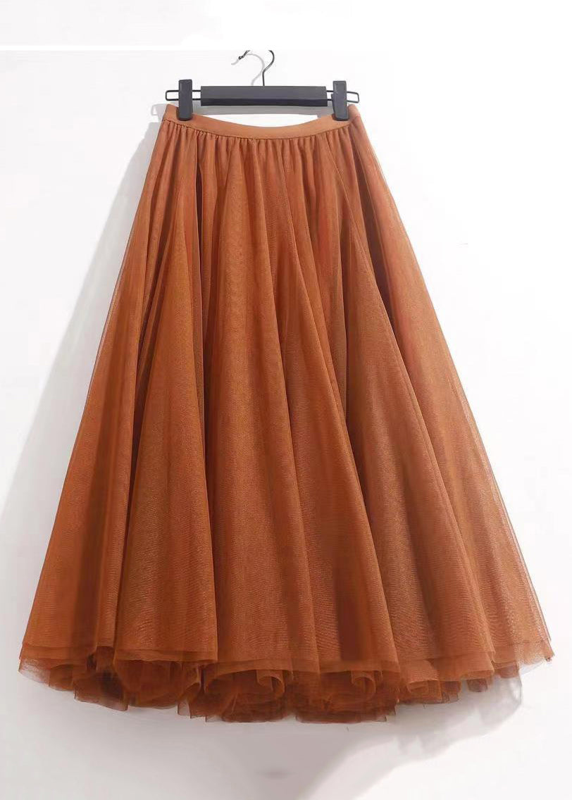 Orange Solid Wrinkled Tulle Summer Skirts High Waist Ada Fashion