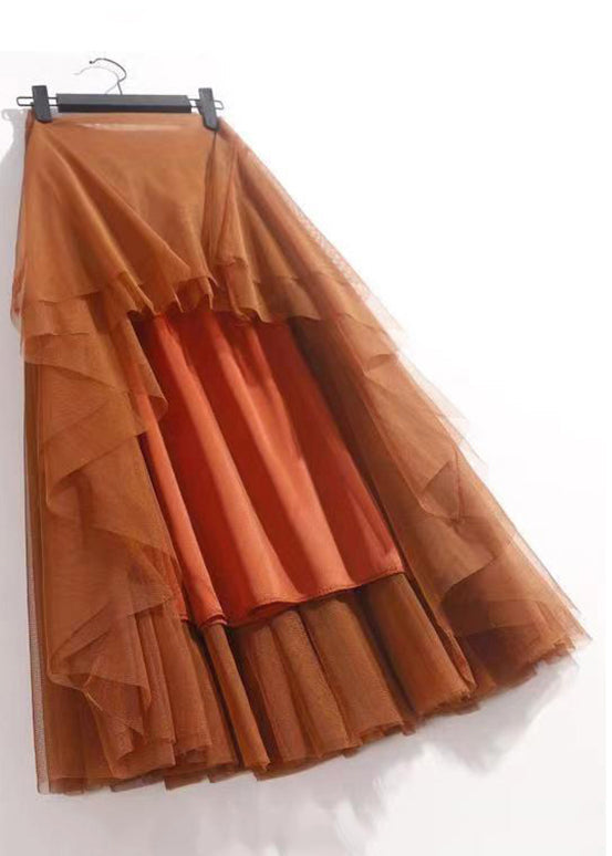 Orange Solid Wrinkled Tulle Summer Skirts High Waist Ada Fashion