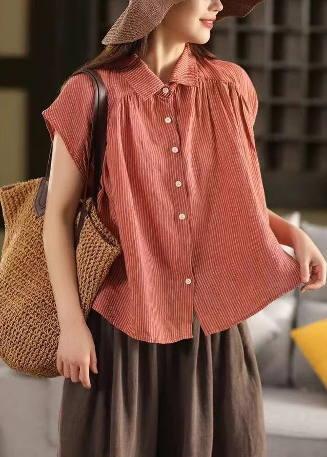 Pan Collar Peter Summer Button Orange Blouses Linen Striped