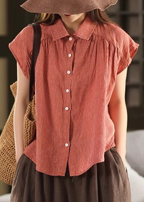Pan Collar Peter Summer Button Orange Blouses Linen Striped