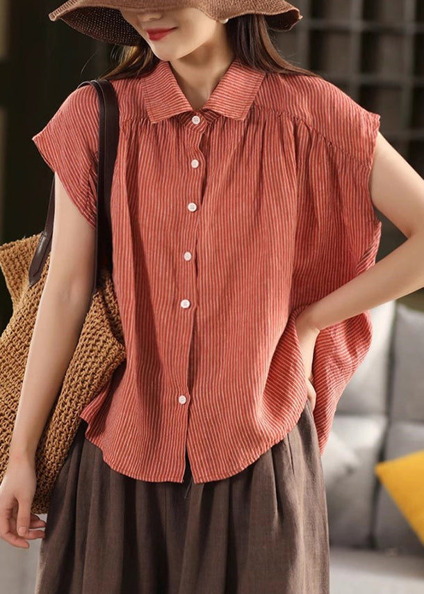 Pan Collar Peter Summer Button Orange Blouses Linen Striped