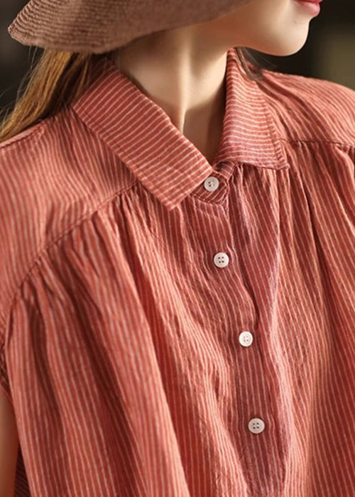 Pan Collar Peter Summer Button Orange Blouses Linen Striped