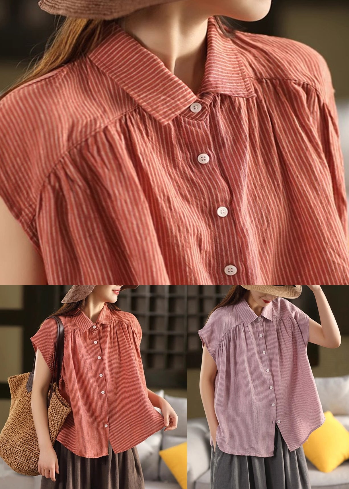 Pan Collar Peter Summer Button Orange Blouses Linen Striped