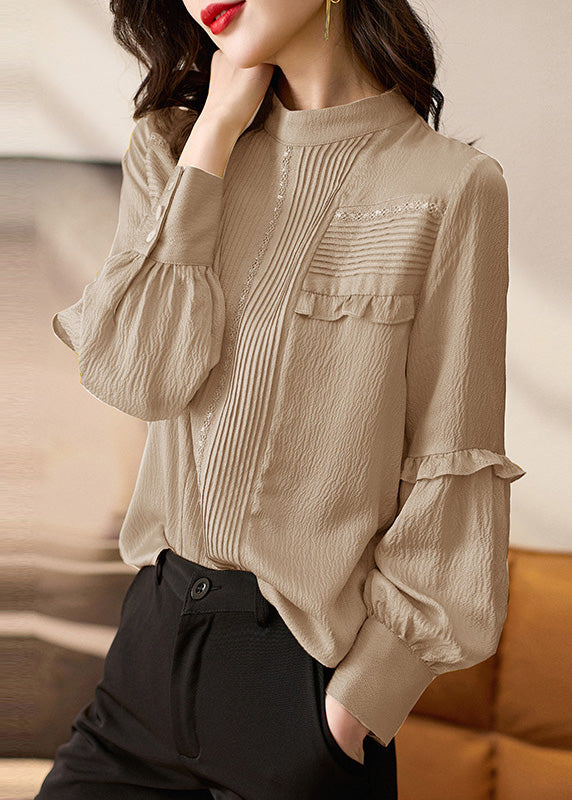 Ruffled Patchwork Spring Top Apricot Organic Stand Collar Silk