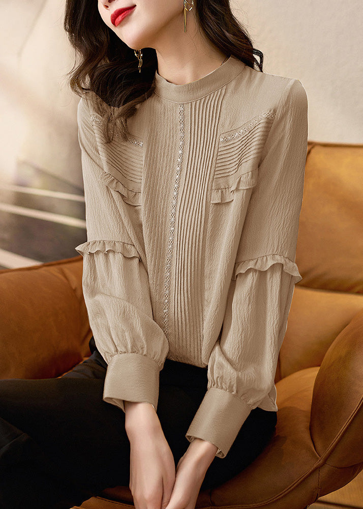Ruffled Patchwork Spring Top Apricot Organic Stand Collar Silk