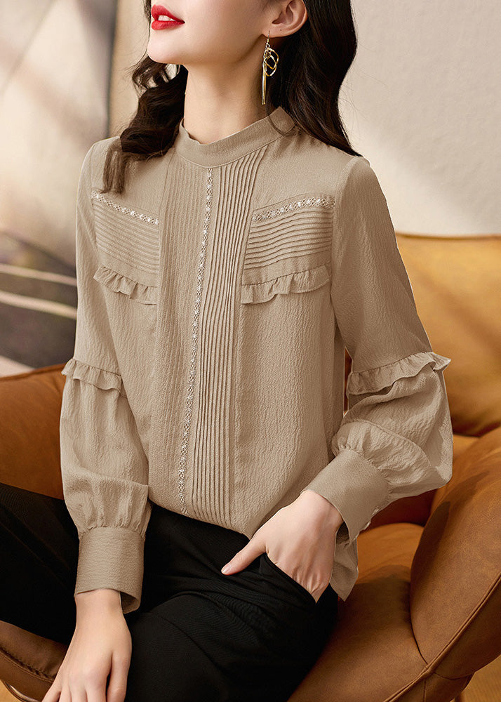 Ruffled Patchwork Spring Top Apricot Organic Stand Collar Silk