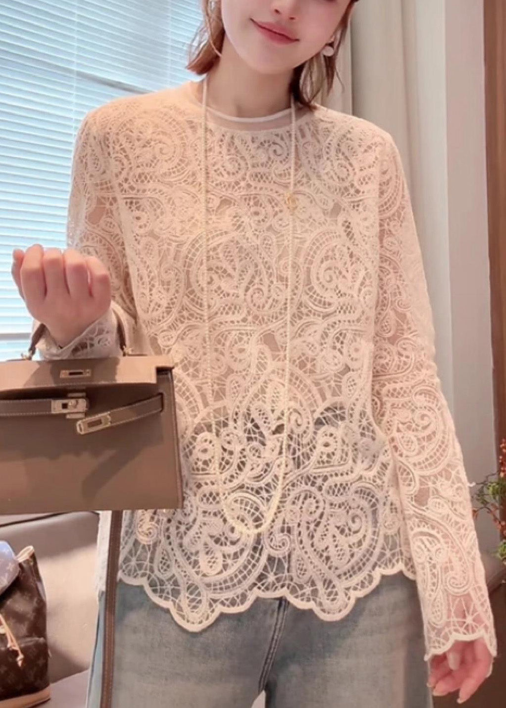 Hollow Spring Out O-Neck T Beige Shirt Organic Lace