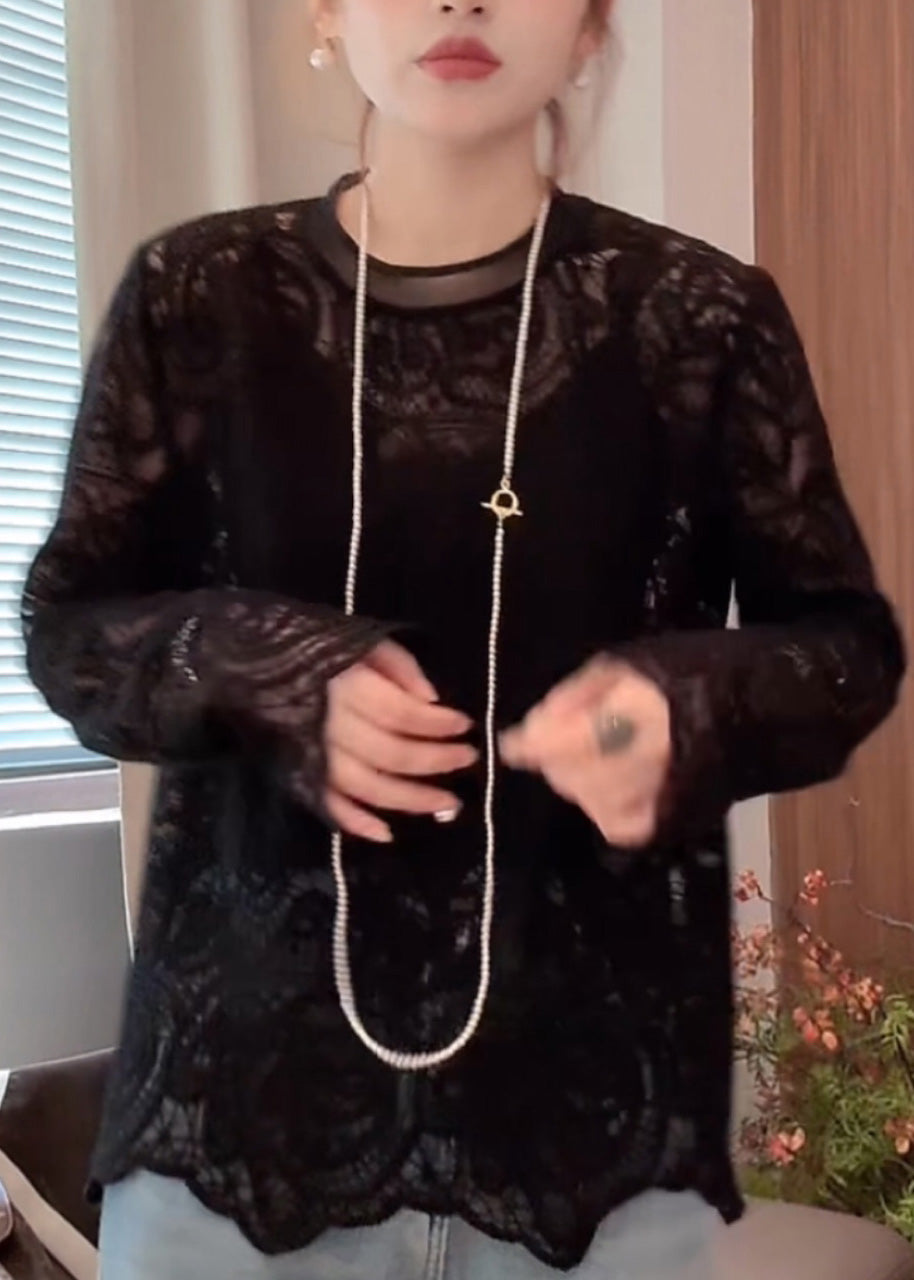 Hollow Spring Out O-Neck T Beige Shirt Organic Lace