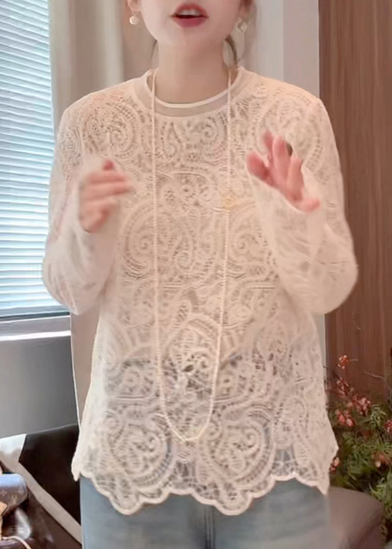 Hollow Spring Out O-Neck T Beige Shirt Organic Lace