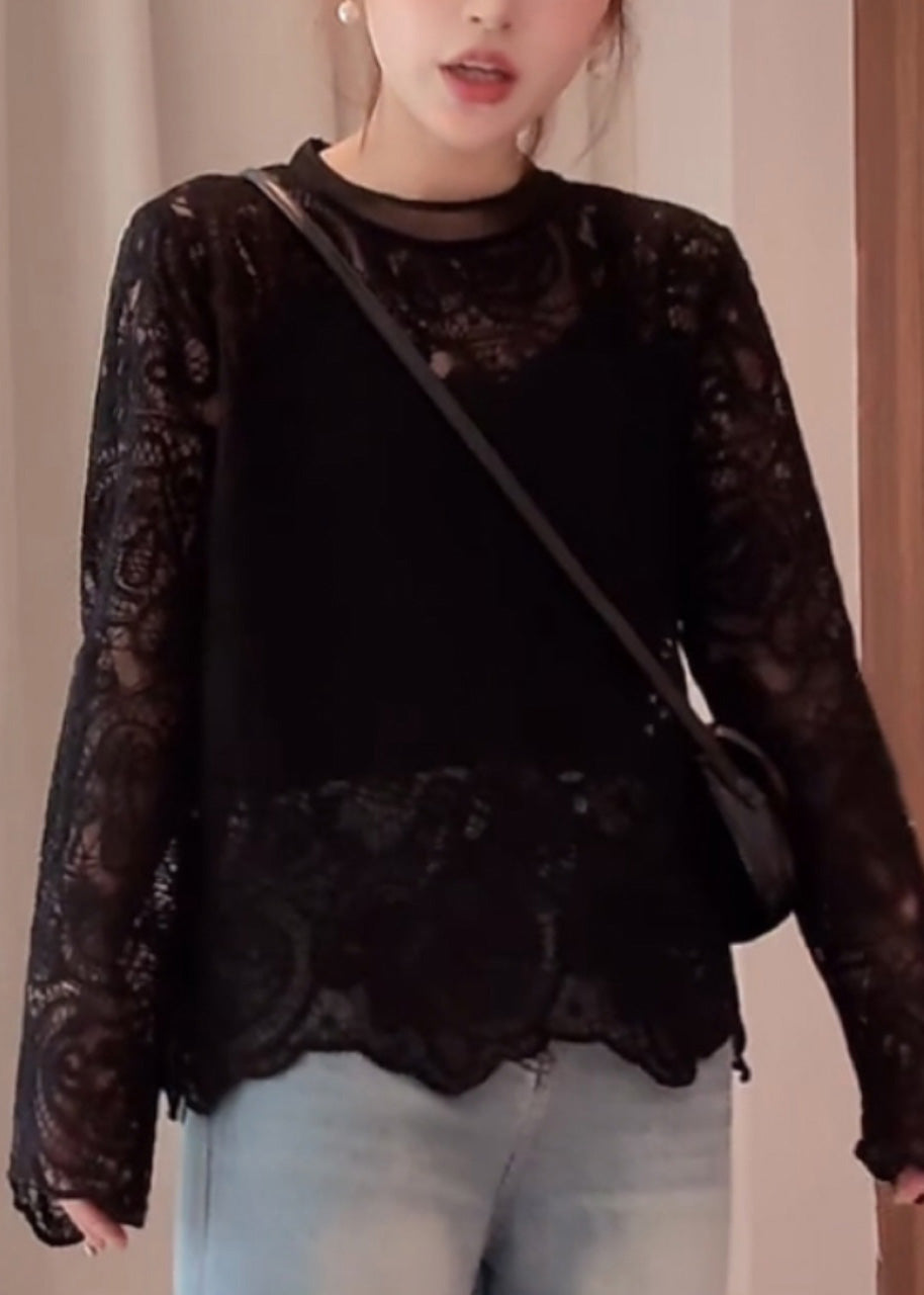 Hollow Spring Out O-Neck T Beige Shirt Organic Lace