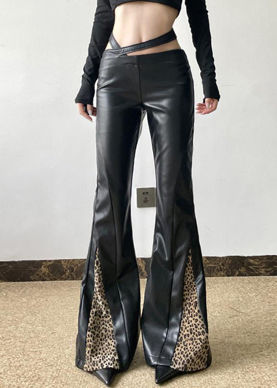 Organic Black Asymmetrical Patchwork Leopard Faux Leather Flare Bottoms Spring YP032