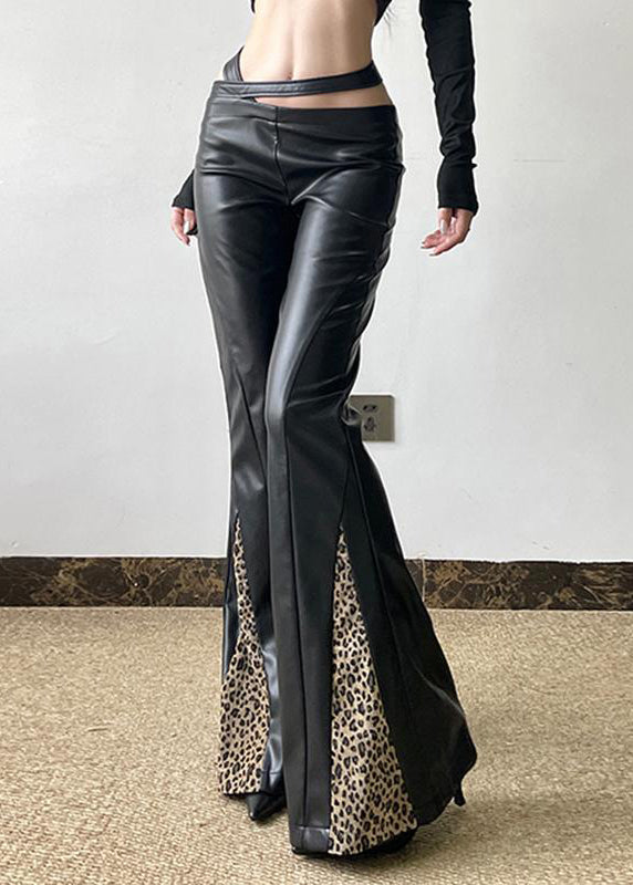 Organic Black Asymmetrical Patchwork Leopard Faux Leather Flare Bottoms Spring YP032