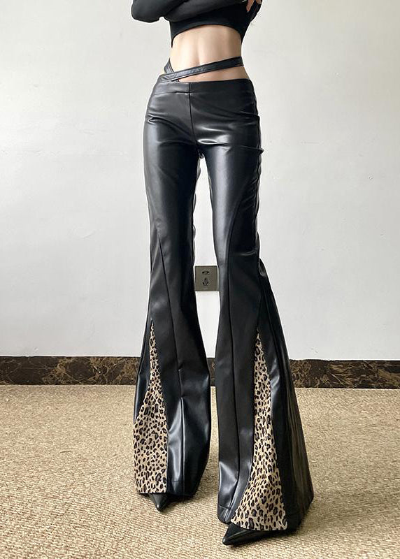 Organic Black Asymmetrical Patchwork Leopard Faux Leather Flare Bottoms Spring YP032