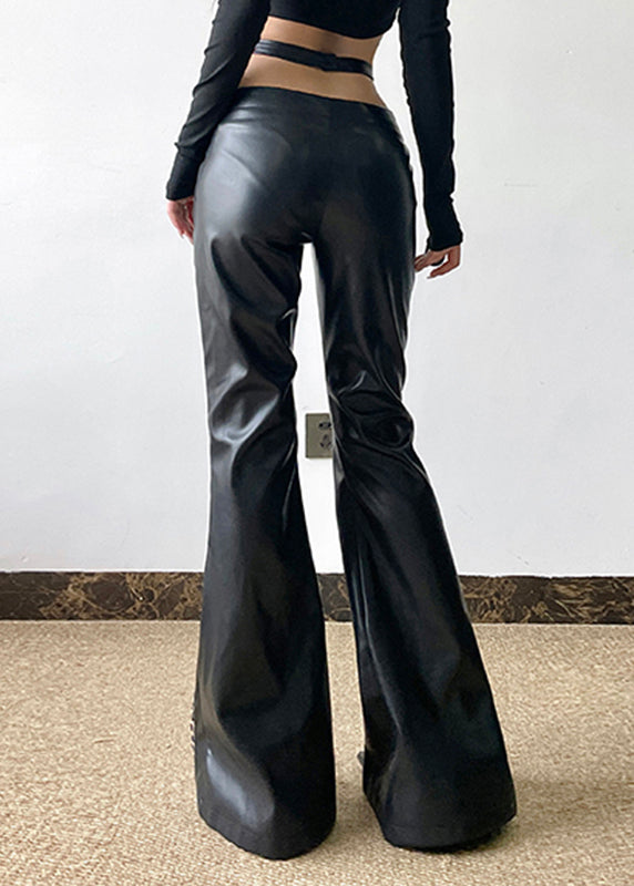 Organic Black Asymmetrical Patchwork Leopard Faux Leather Flare Bottoms Spring YP032