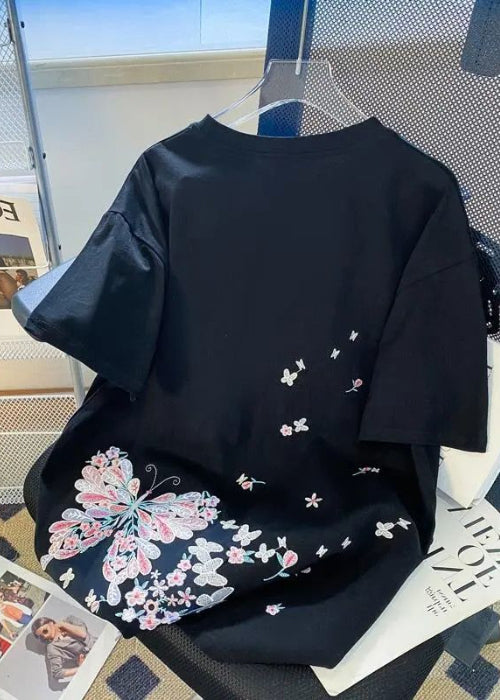 Organic Butterfly Summer Black Embroideried Cotton Men Shirts T