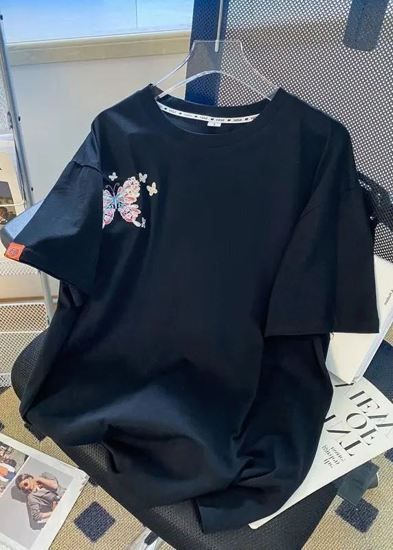 Organic Butterfly Summer Black Embroideried Cotton Men Shirts T