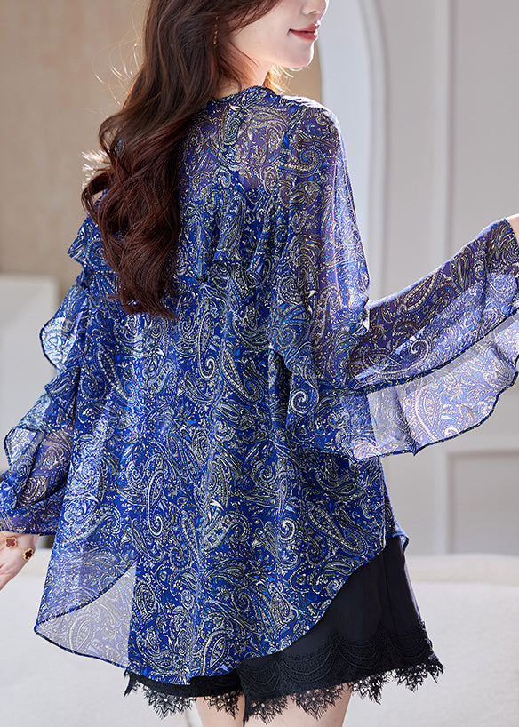 Blue Patchwork Ruffled Print Summer Organic Chiffon Blouses