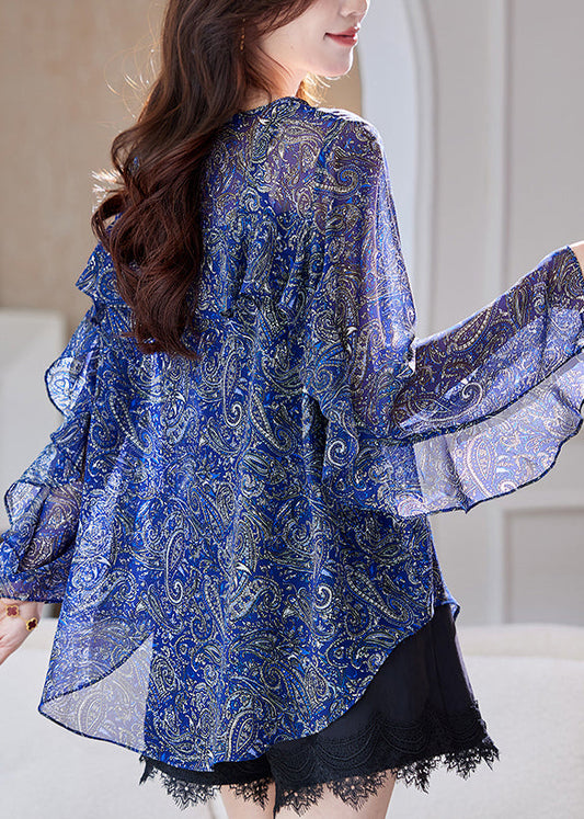 Blue Patchwork Ruffled Print Summer Organic Chiffon Blouses