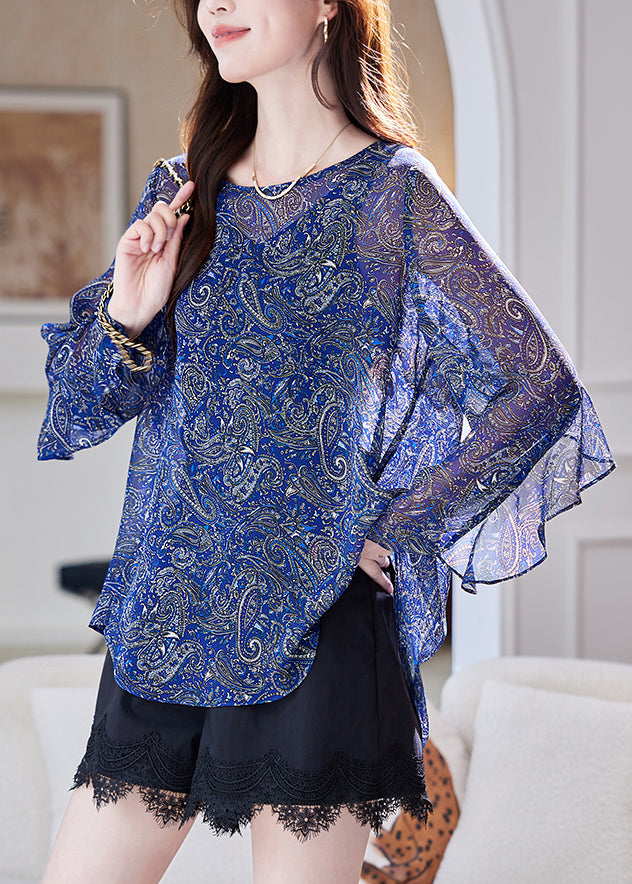 Blue Patchwork Ruffled Print Summer Organic Chiffon Blouses