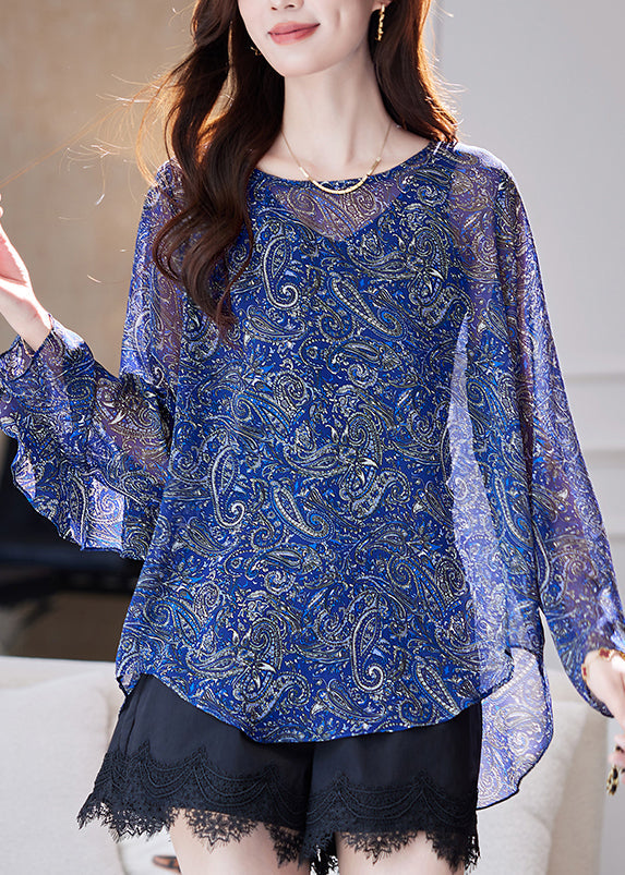 Blue Patchwork Ruffled Print Summer Organic Chiffon Blouses