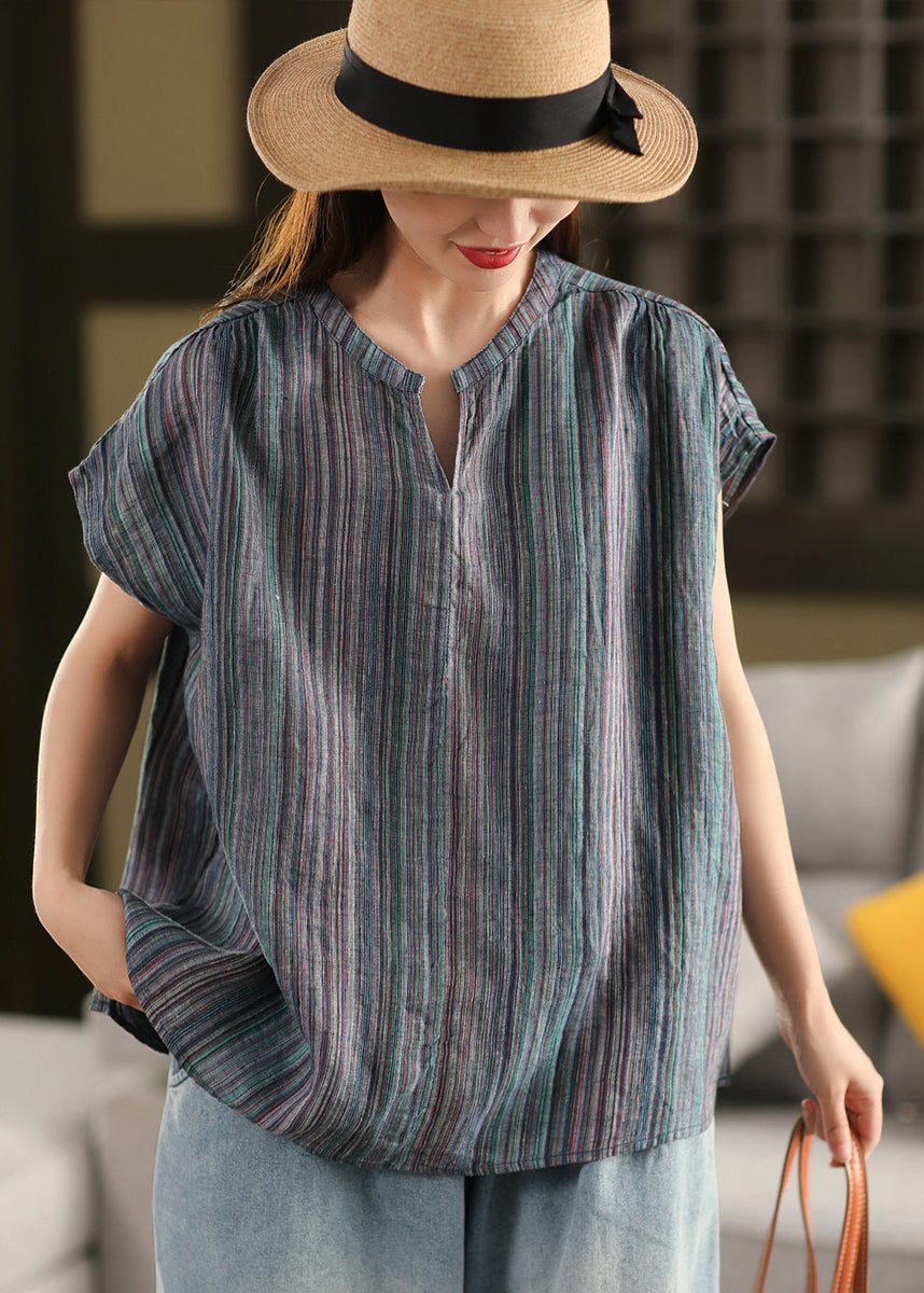 V Linen Blue Top Shirt Summer Organic Striped Neck