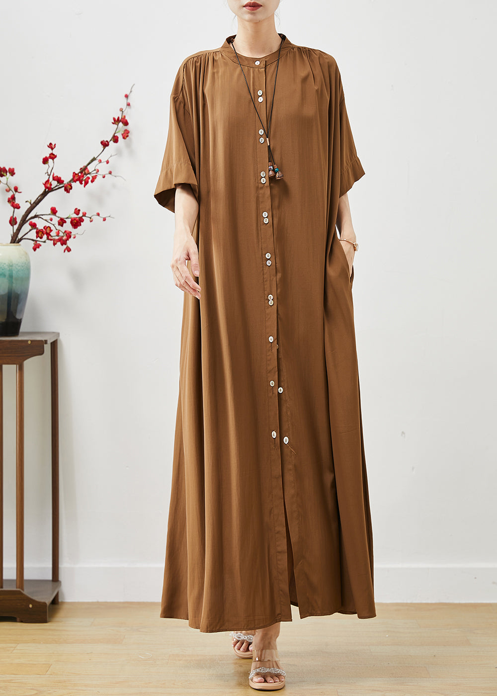 Organic Brown Oversized Cotton Maxi Dresses Summer AP1071