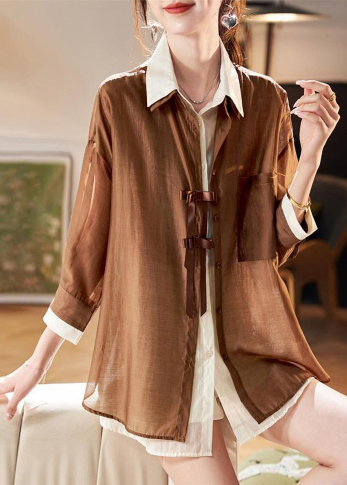 Spring Coffee Fake Pieces Chiffon Patchwork Shirt Organic Two