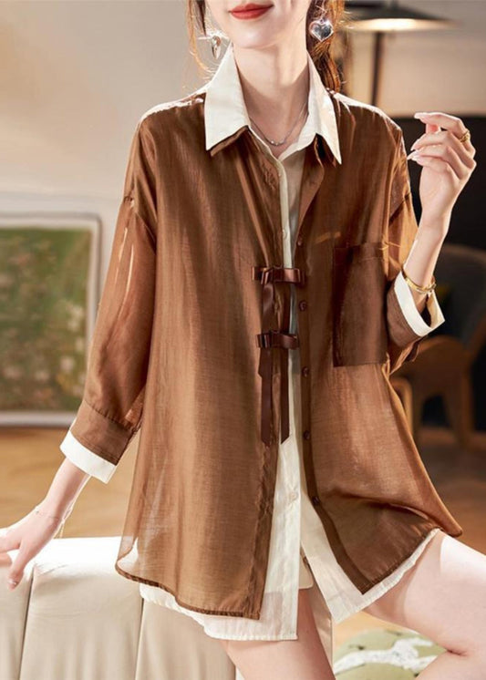 Spring Coffee Fake Pieces Chiffon Patchwork Shirt Organic Two