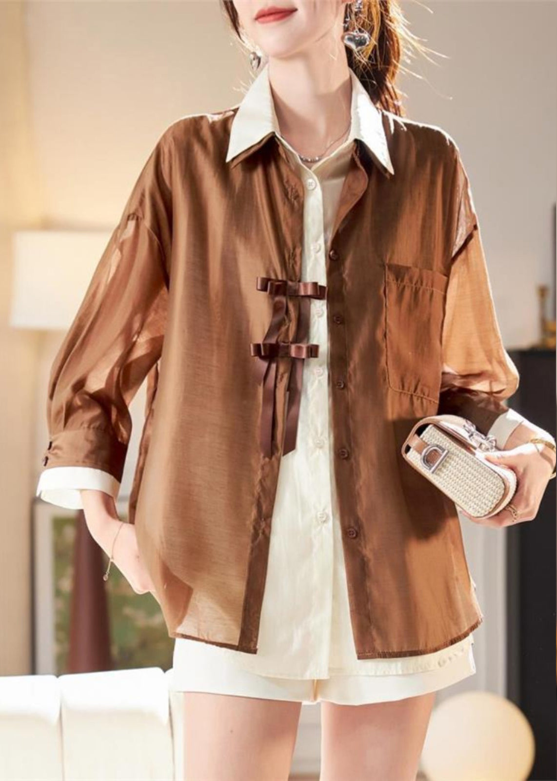 Spring Coffee Fake Pieces Chiffon Patchwork Shirt Organic Two