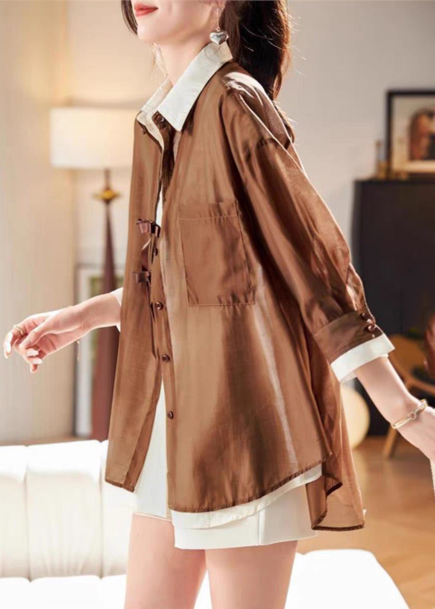 Spring Coffee Fake Pieces Chiffon Patchwork Shirt Organic Two
