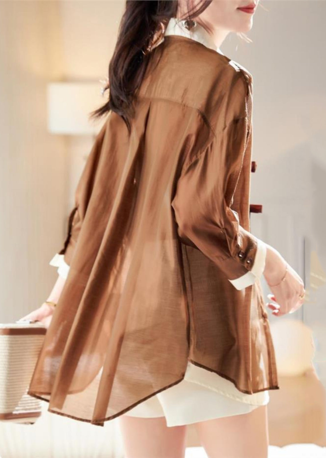 Spring Coffee Fake Pieces Chiffon Patchwork Shirt Organic Two