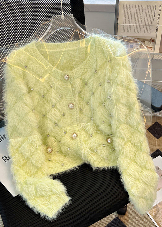 Organic Fluorescent Green Zircon Fuzzy Fur Fluffy Cardigan Spring YH009