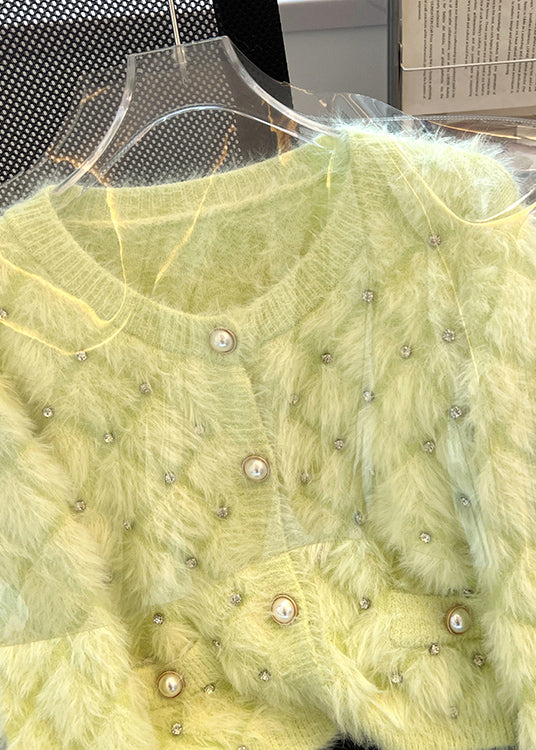 Organic Fluorescent Green Zircon Fuzzy Fur Fluffy Cardigan Spring YH009
