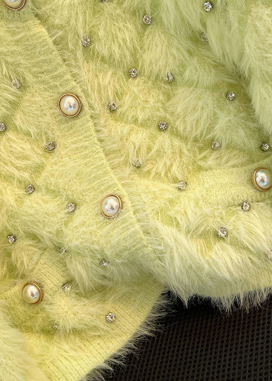 Organic Fluorescent Green Zircon Fuzzy Fur Fluffy Cardigan Spring YH009