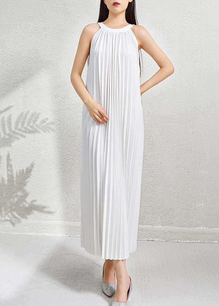 Wrinkled Halter Green Sleeveless Dress Pockets Long Organic