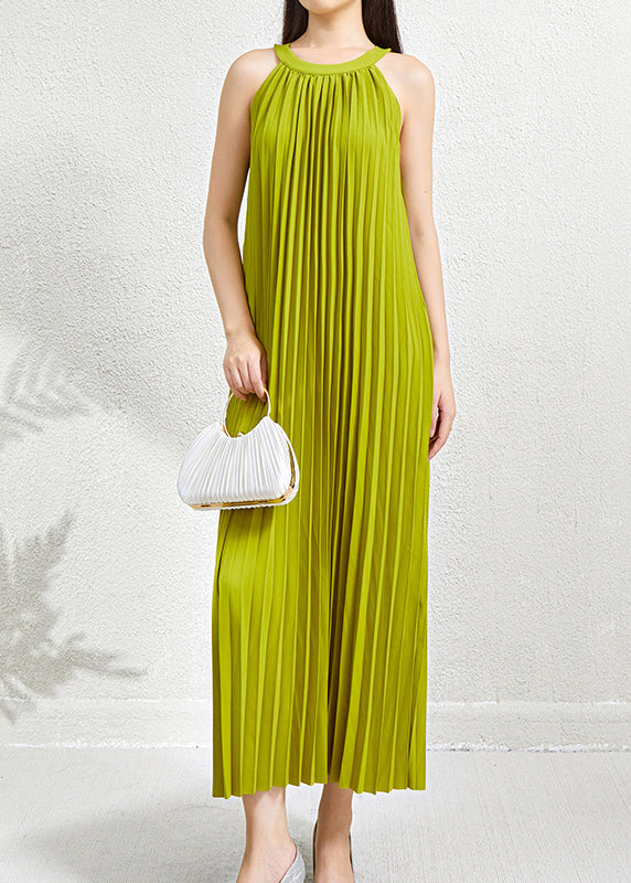 Wrinkled Halter Green Sleeveless Dress Pockets Long Organic
