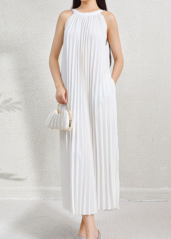 Wrinkled Halter Green Sleeveless Dress Pockets Long Organic