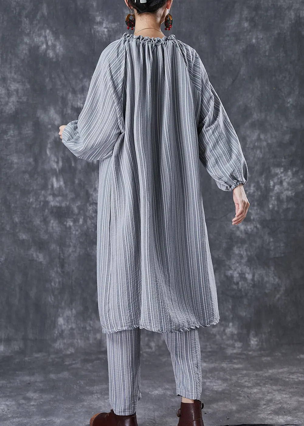 Organic Grey Ruffled Striped Cotton Dress Two Piece Suit Set Fall Ada Fashion