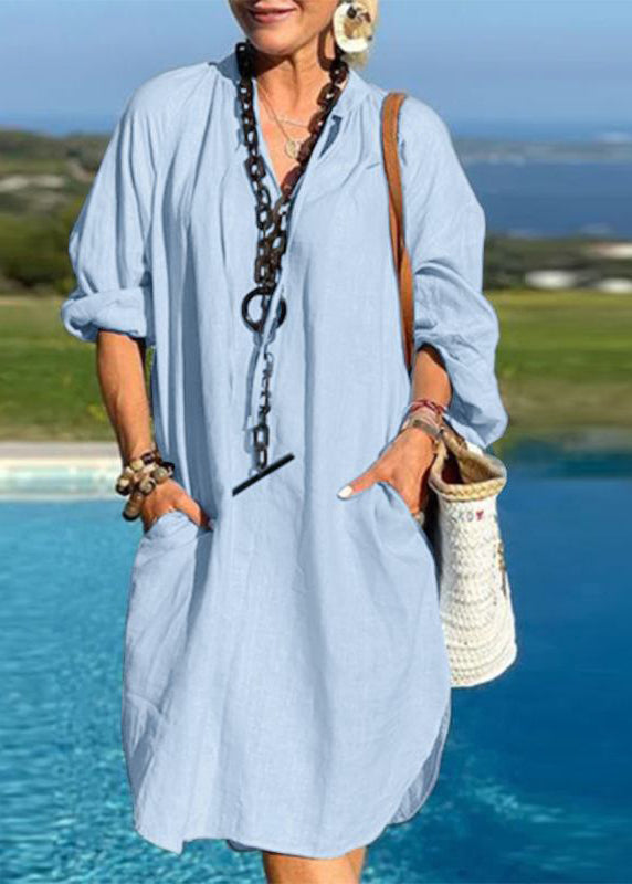 Pockets Patchwork Organic Light Blue Vacation Dresses V Neck Mid