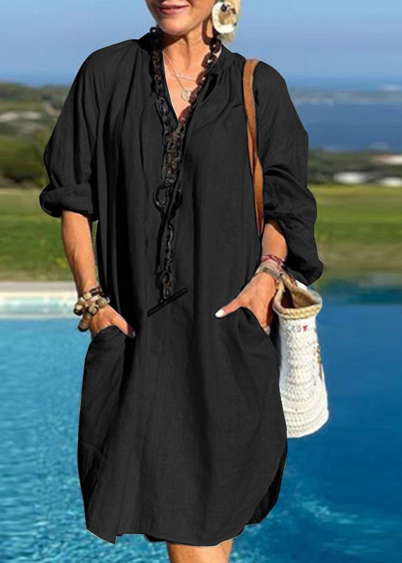 Pockets Patchwork Organic Light Blue Vacation Dresses V Neck Mid