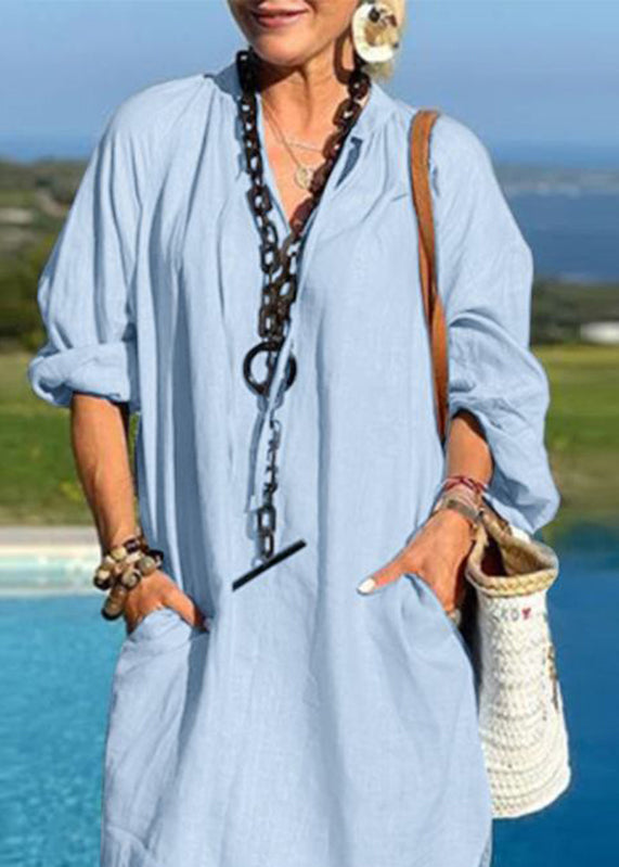 Pockets Patchwork Organic Light Blue Vacation Dresses V Neck Mid