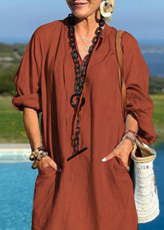 Pockets Patchwork Organic Light Blue Vacation Dresses V Neck Mid