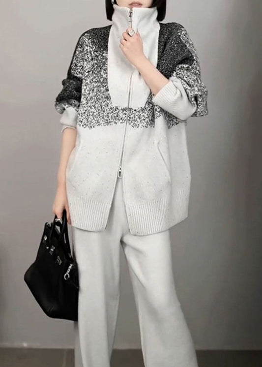 Organic Light Grey Print Zippered Cotton Knit Sweaters And Wide Leg Pants Two Pieces Set Winter RF040