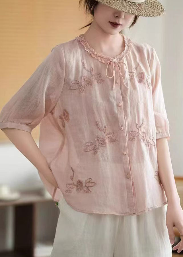 Tops Tie Organic Neck Linen Embroidered Summer Pink