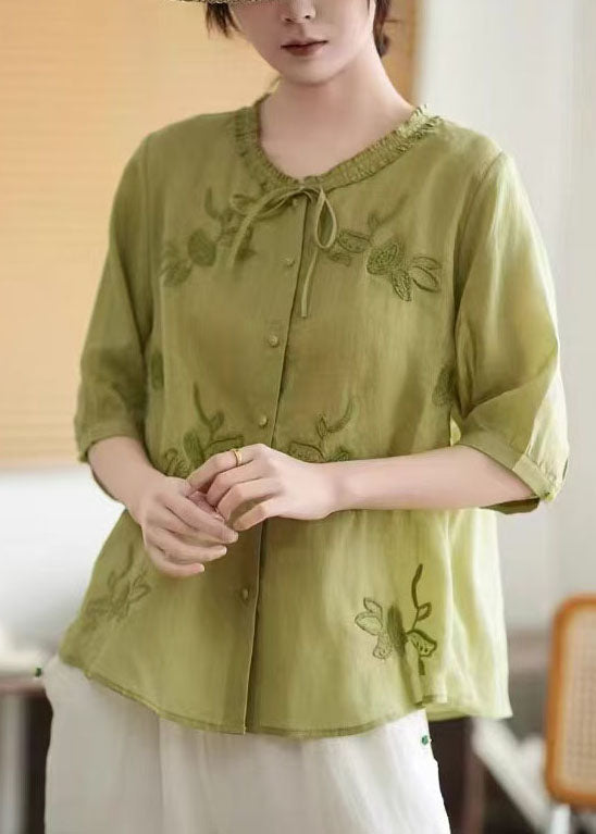 Tops Tie Organic Neck Linen Embroidered Summer Pink