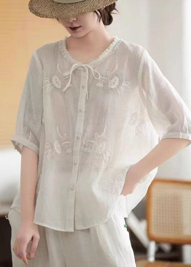 Tops Tie Organic Neck Linen Embroidered Summer Pink
