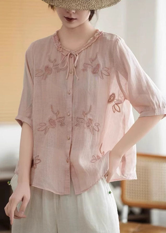 Tops Tie Organic Neck Linen Embroidered Summer Pink