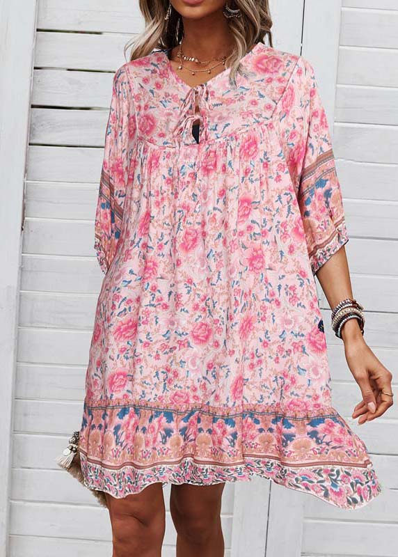 Patchwork Organic Holiday Wrinkled Pink Summer Dress Mid